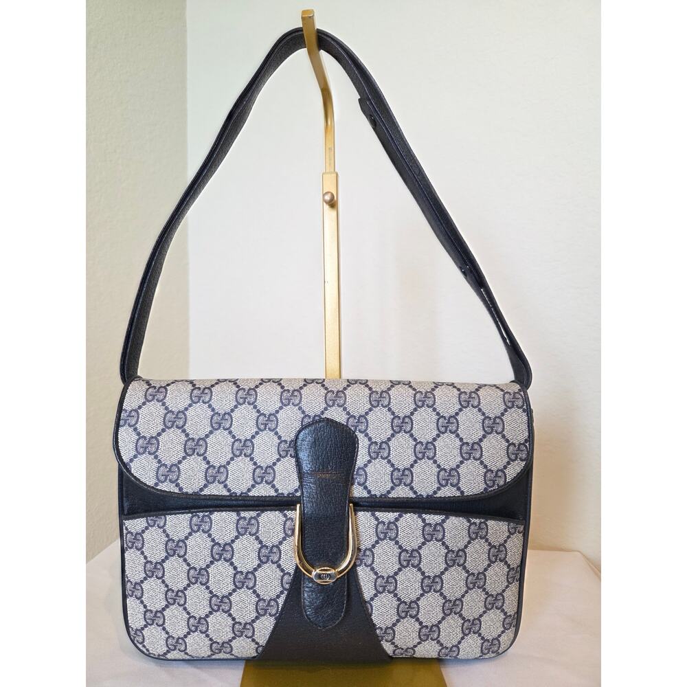 Gucci GG Canvas Navy Leather Canvas Trim Shoulder Bag Crossbody Flap Vintage